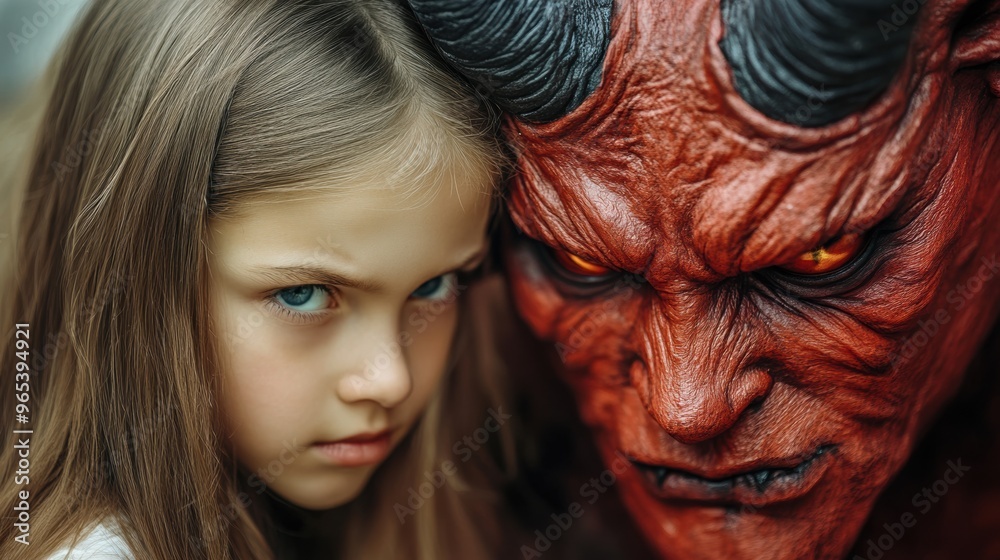 Canvas Prints a young girl with long brown hair and a devil mask, ai