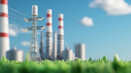 Obraz premium Futuristic Cityscape with Oil Refinery and Power Lines - Energy Consumption Concept in