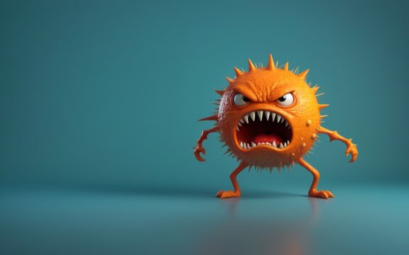 Chaotic 3D rendering of an orange virus creature with sharp teet