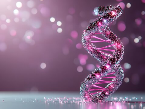 A sparkling pink DNA strand symbolizes advancements in genetic research, cancer awareness, and the role of genetics in finding a cure.