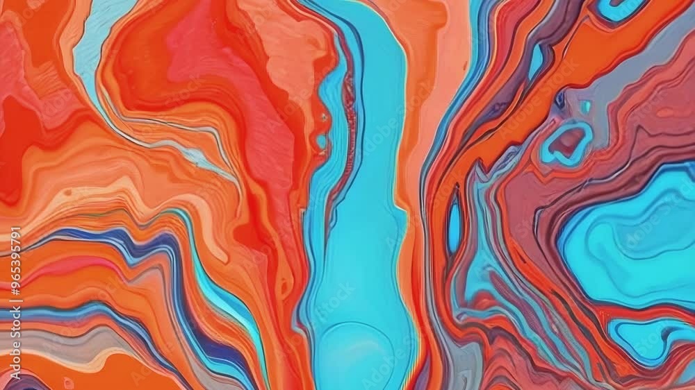 Poster Paint flows in a combination of orange and blue colors to create a dynamic abstract background