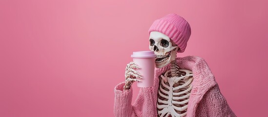 A stylish skeleton in pink attire enjoys a warm drink against a vibrant pink background, blending humor with fashionable flair.