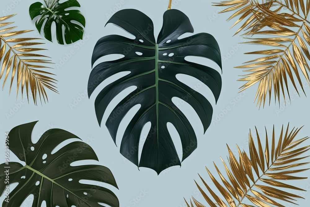 Wall mural Fresh Leaves in Powder Blue and Gold: Chic Monstera Graphic Expression for Season and Festival Aesthetics