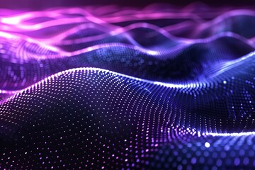 abstract background in the form of many dots and particles. waves of dots in purple blue neon colors, Sound wave. Neon light abstract background with ultraviolet spectrum wave on dark background
