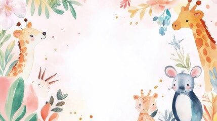 Obraz premium Adorable animal-themed invitation design, golden blush border, vibrant pastel colors, watercolor splashes, spacious blank area in the center, soft white background