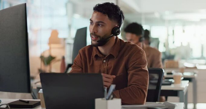 Call center, computer and discussion with man consultant in customer support office for assistance or help. Contact us, headset and thinking with happy helpdesk employee at work for lead generation