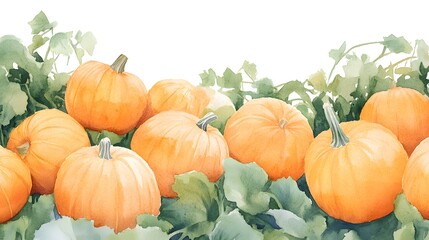 Watercolor illustration of a pumpkin field with large orange pumpkins and green vines 