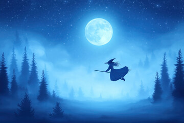 Witch Flying Through the Moonlight: A mysterious silhouette of a witch soaring through the night sky, bathed in the ethereal glow of a full moon. The misty forest below adds an air of enchantment 