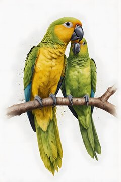 Yellow-naped amazon parrots in watercolor style