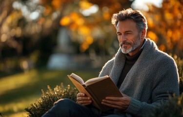 Man Reading a Book in Afternoon Light, Cozy Moment Generative AI