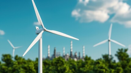 Sustainable Energy Concept: Wind Farm with Oil Refinery Background - with Copy Space, Selective Focus,