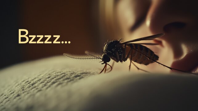 Close-up View, Mosquito on Skin, Sleeping Person, Insect Biting, Nighttime Scene, Macro Shot, Human Interaction, Wildlife, Detail, Rest, Midnight Concept