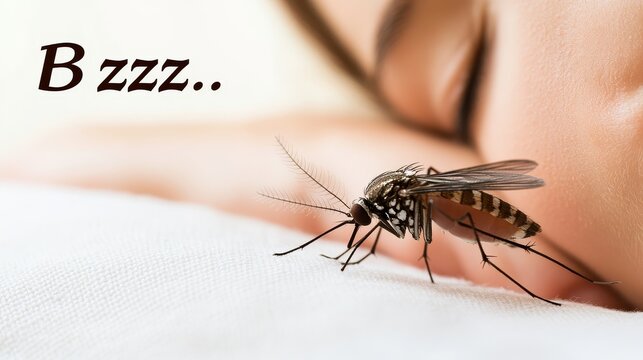 Closeup of mosquito biting human skin near sleeping person, insect on skin, mosquito problem concept, tiger moscito