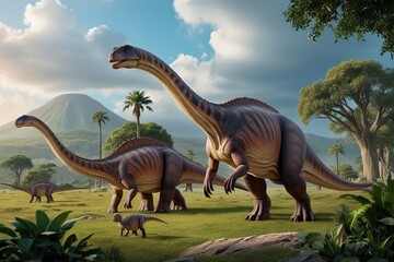 Dinosaurs Flourishing in Late Triassic Environment with Brachiosaurus and Vibrant Vegetation