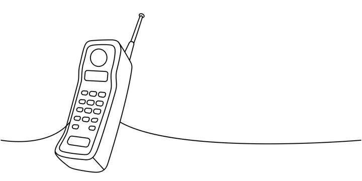 Old mobile phone from the 90s one line continuous drawing. Retro communication gadgets. Vector linear illustration.