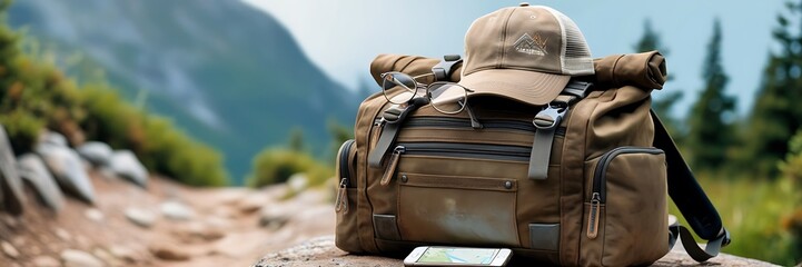 Naklejka premium Summer travel concept with a backpack suitcase and beach accessories on a background