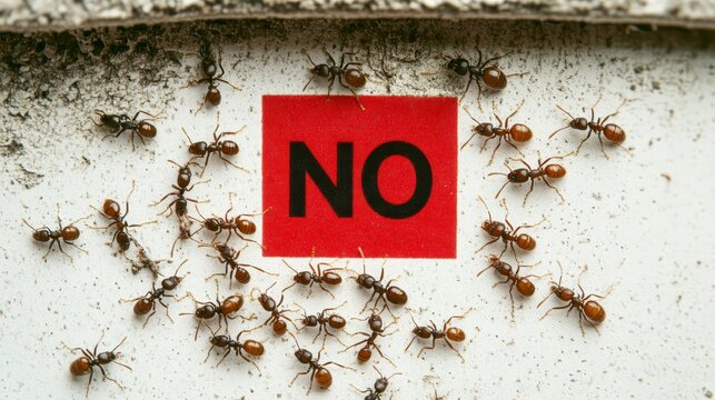 Ants surround red no sign, infestation, warning, insects, isolated, pests, concept for pest control, clear background, concise message, warning concept