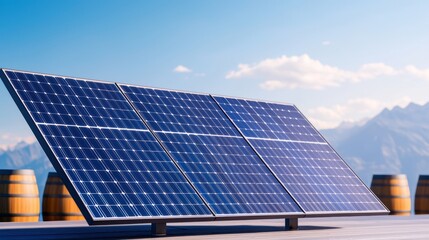 Renewable Energy Concept with Solar Panels and Oil Barrels in , Copy Space, Selective Focus - Quality