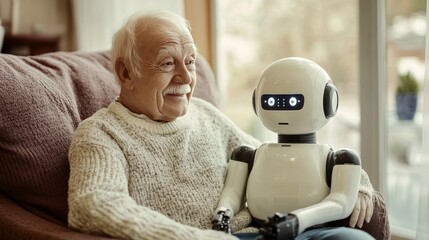 Elderly man interacting with friendly home robot, senior care technology concept,  helping elderly people in a nursing home, hospytal