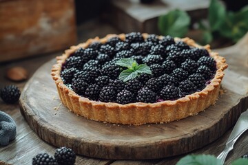 A tart filled with blackberries and an almond crust, served on a rustic wooden board