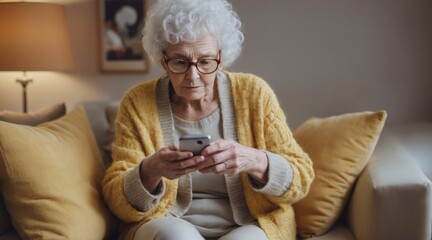 Peaceful elderly woman with white curly hair and yellow cardigan