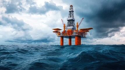 Turbulent Waters: Oil Rig Amidst Stormy Sea - Energy Market Volatility with Copy Space, Selective Focus, and Quality