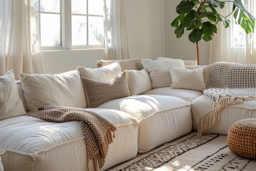 Scandinavian loft minimalist furniture. A stylish modular corner sofa with plush cushions, set against a minimalist background.