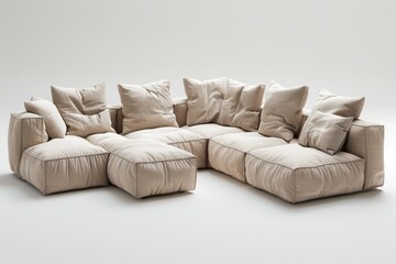 A stylish modular corner sofa with plush cushions, set against a minimalist background. Scandinavian loft minimalist furniture