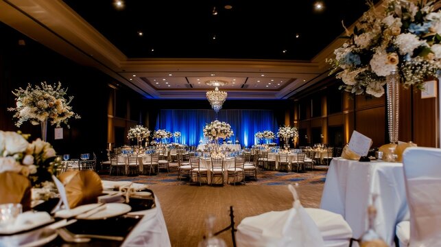 Lavish, beautifully decorated banquet hall with floral arrangements, chandeliers, and elegant dining setup, special event concept