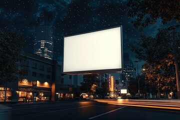 Blank white billboard on city street at night. Mock up