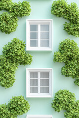 A modern green residence concept of sustainable architecture with trees integrated into the design, eco-lifestyle and green living in environmentally conscious homes with renewable energy solutions.