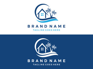 beach home with palm tree logo icon vector illustration 