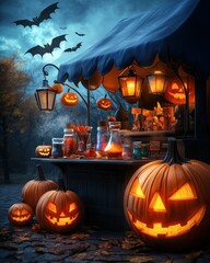 Halloween Pumpkin Lantern Market Stall Night Scene