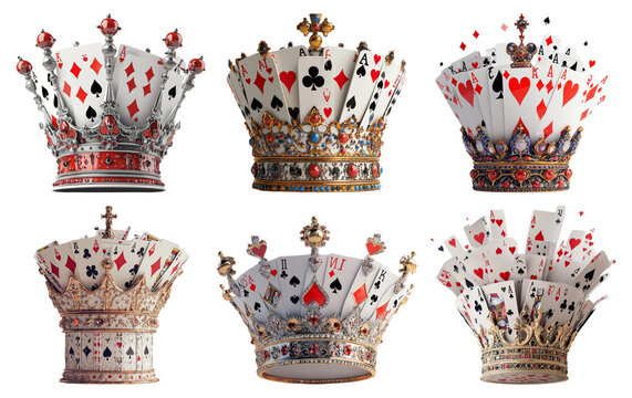 Regal crowns with card suit symbols in intricate designs isolated on transparent background