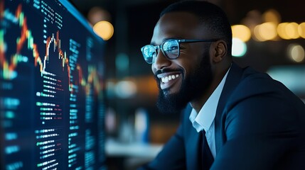 Business professional analyzing financial data on a large screen at night