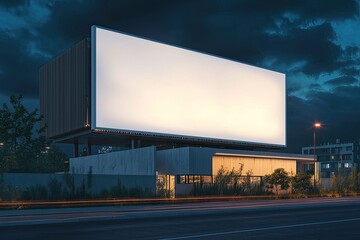 Blank white billboard on city street at night. Mock up