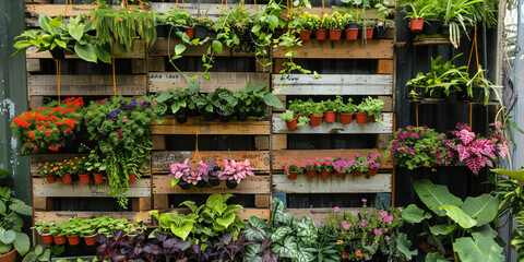 Colorful Display of Potted Plants on Wooden Wal