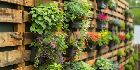 Colorful Display of Potted Plants on Wooden Wal