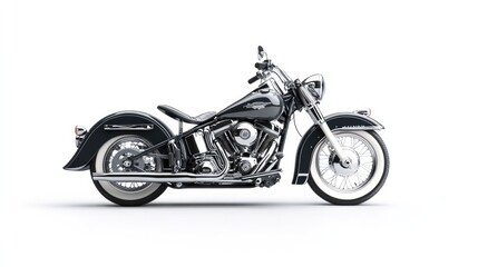 A side profile of a classic motorcycle with chrome detailing, standing against a clean white background.