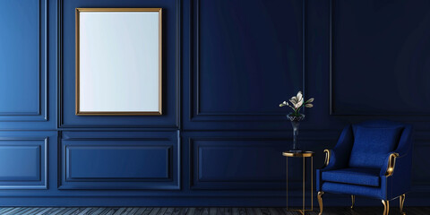 Empty Picture Frame Against Blue Wall with Window Shadow