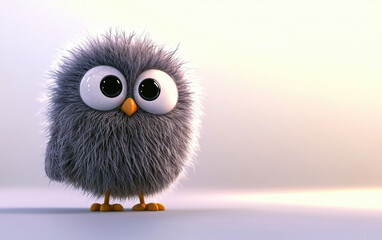 Fototapeta premium Adorable fluffy cartoon owl with big eyes stands on a bright background. Cute, charming, and perfect for children's media.