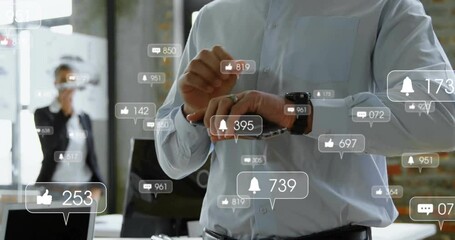 Animation of social media icons with numbers over caucasian businessman using smartwatch - Powered by Adobe