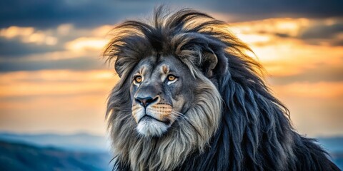 A majestic black lion's mane flows smoothly, embodying regal authority and untamed spirit, as the embodiment of daring courage and unbridled power.