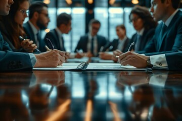 group of corporate recruitment officers sitting around a table, pens raised, as they conduct interviews for a professional vacancy.