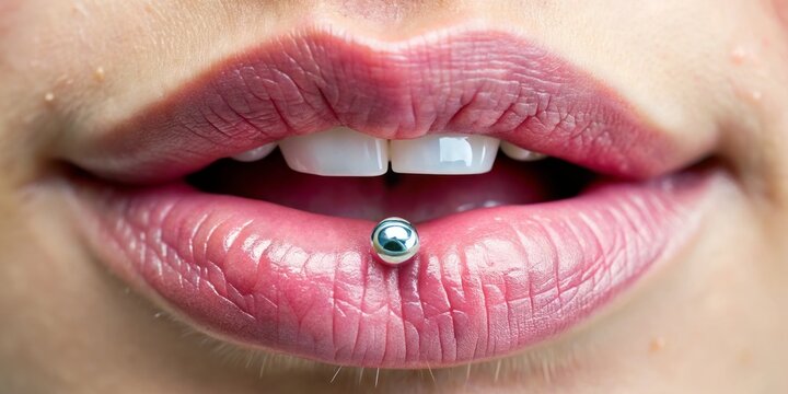 A delicate gemstone stud adorns the upper frenulum of a mouth, surrounded by subtle swelling and a fine line of healing pierced skin, with soft focus.