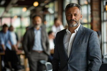 Fototapeta premium powerful and confident businessman standing in front of his colleagues in a modern office setting, exuding leadership and dominance.