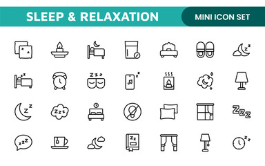 Sleep and Relaxation Icon Collection: Perfect for Wellness Apps, Meditation Tools, Sleep Aids, Stress Relief Techniques, and Calm Living Spaces.