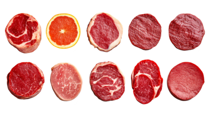 Fresh raw beef steaks and grapefruit slice transparent background