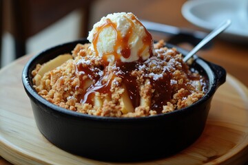 A warm apple crumble topped with salted caramel sauce and a scoop of vanilla ice cream