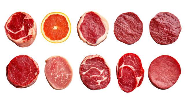 Fresh raw beef steaks and grapefruit slice transparent background - Powered by Adobe